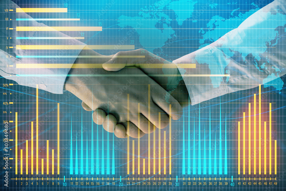 Aufkleber multi exposure of forex graph and world map on abstract background with two businessmen handshake. c