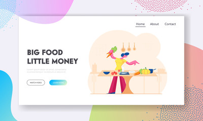 Woman Chopping Vegetables Website Landing Page. Happy Girl Cooking on Kitchen at Home Preparing Healthy Food for Romantic Dating or Dinner Spare Time Web Page Banner. Cartoon Flat Vector Illustration
