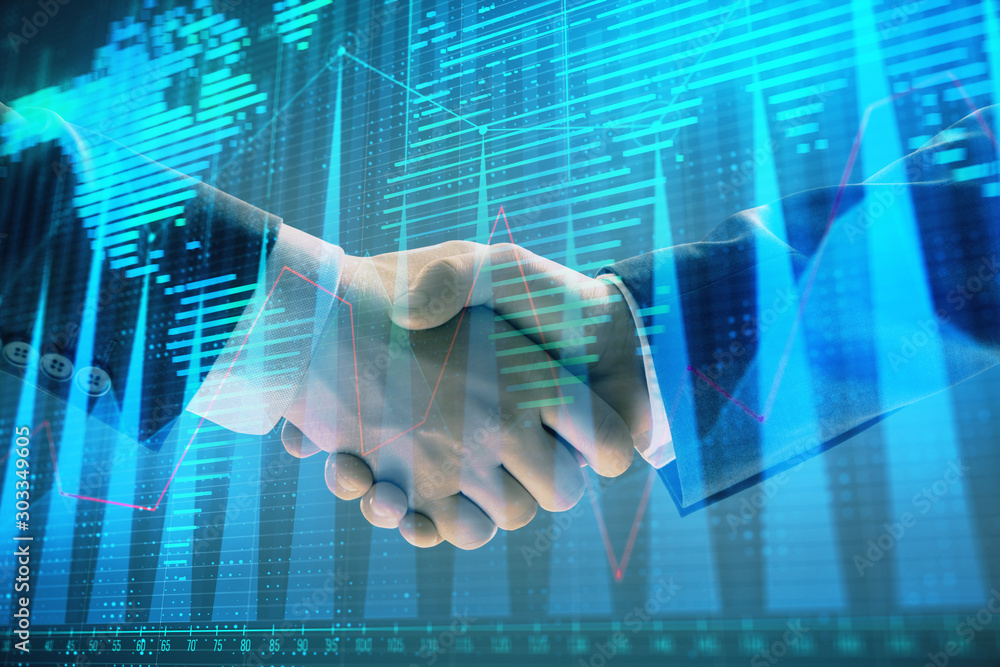 Aufkleber multi exposure of forex graph and world map on abstract background with two businessmen handshake. c