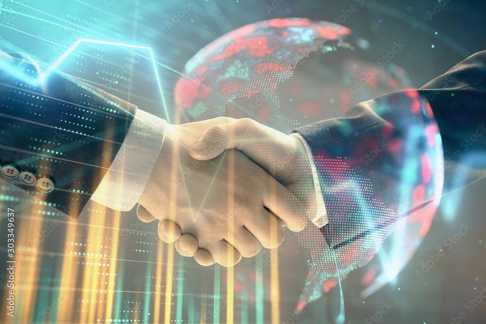 Poster multi exposure of forex graph and world map on abstract background with two businessmen handshake. c