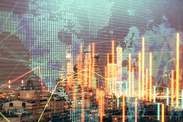 Double exposure of financial graph and world map on city veiw background. Concept of financial market research and analysis