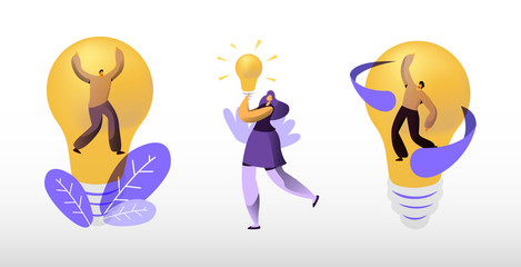 Creative Idea Concept. Business People Stand at Huge Illuminated Light Bulb, Woman Holding Lamp in Hand. Team Searching New Insights for Project Development, Teamwork. Cartoon Flat Vector Illustration