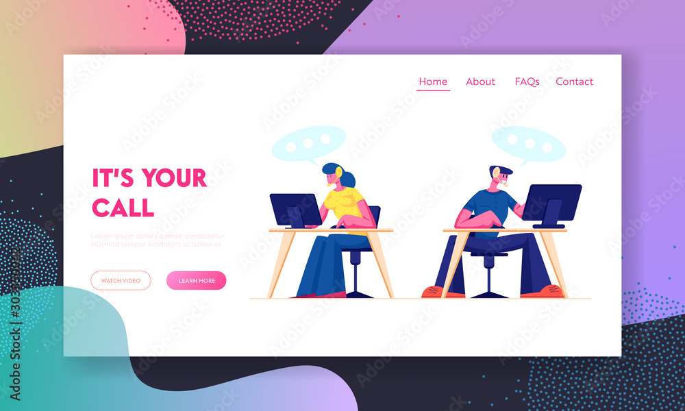 Aufkleber technical support, call center website landing page. customer service staff in headset working on co