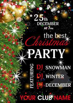 Christmas party invitation template. Xmas and New Year black background decorated Christmas tree branches, golden bells and holly berries. Vector