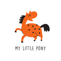 Vector cartoon illustration of funny horse or pony and text My Little pony.