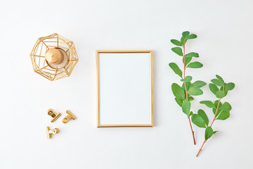 Flat lay composition with golden frame and branches with green leaves on a light background