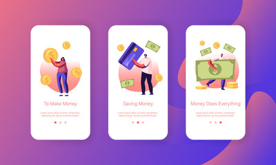 People Paying with Cash and Credit Cards Mobile App Page Onboard Screen Set. Characters Use Live Money and Banking Transactions for Pay Concept for Website or Web Page Cartoon Flat Vector Illustration