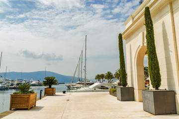 Cozy and beautiful street cafe on the sea promenade in Tivat, Montenegro.