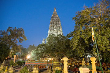 View of monk prayer the Mahabodhi Temple Bihar at Bodh Gaya the place of Buddha attained enlightenment.