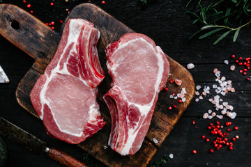 Raw meat, raw pork steak, cuisine, pepper, salt, still life, picnic
