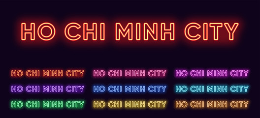 Neon Ho Chi Minh name, City in Vietnam. Neon text of Ho Chi Minh city. Vector set of glowing Headlines