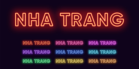 Neon Nha Trang name, City in Vietnam. Neon text of Nha Trang city. Vector set of glowing Headlines