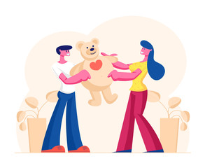Obraz na płótnie Canvas Loving Boyfriend Presenting Huge Gift Teddy Bear to Girlfriend on Happy Valentine Day, Birthday or any Holiday. Man and Woman in Relations. Happiness Surprise Love Cartoon Flat Vector Illustration