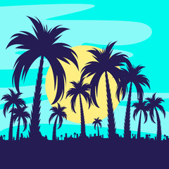 Fototapeta na wymiar Palm trees. Summer tropical background with palm leaves. Palm tree background. For banners, t-shirts, advertising, etc. Flat style. Vector illustration