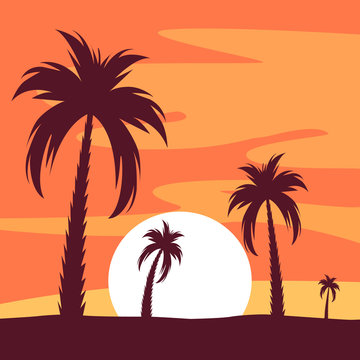 Palm trees. Summer tropical background with palm leaves. Palm tree background. For banners, t-shirts, advertising, etc. Flat style. Vector illustration