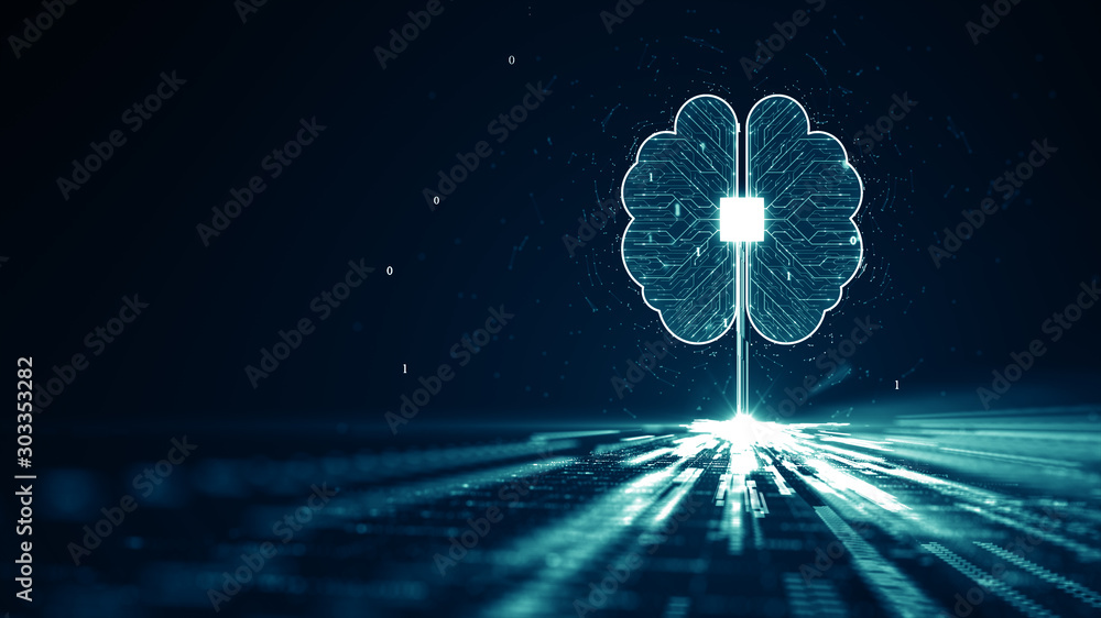 Poster technology artificial intelligence (ai) brain animation digital data concept. big data flow analysis