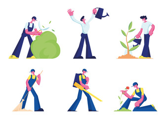 People Care of Plants, Cleaning Service Set. Male and Female Characters Planting Watering and Trimming Trees and Flowers Janitors Sweep Ground, Blowing Leaves in Park. Cartoon Flat Vector Illustration