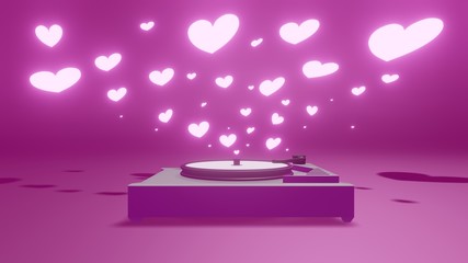 3d illustration of theme love gramophone with glowing love pink heart in the pink background 