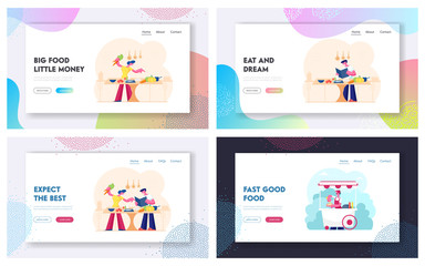 Healthy Unhealthy Food Website Landing Page Set. People Cooking Vegetables at Home. Saleswoman Sale Hotdogs in Booth on Street. Home Meal and Fastfood Web Page Banner. Cartoon Flat Vector Illustration