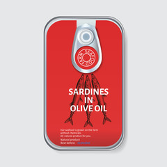 Packaging for seafood. Label for boxing natural products. Canned sardines in oil.