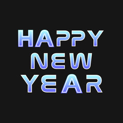 Happy New Year lettering on blue blurry vector background with sparkles. Greeting card design template with 3D typography label.