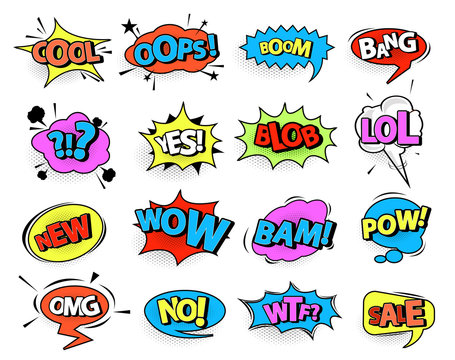 Comic speech bubble set with text: Wow, Bang, Omg, Gtfo, Boom, Yeah, Pow, Zap, Wtf. Vector cartoon explosions with different emotions isolated on white background.