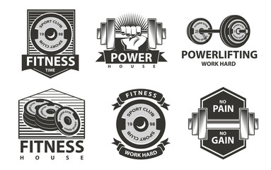 Fitness emblems or logos with barbell and rod, power house, powerlifting. Slogan no pain no gain, dumbbell in monochrome style