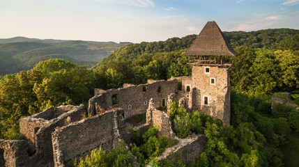 Aerial view on the Nevitsky castle - is the pearl of Transcarpathia. The ruins of an ancient castle built in the 13th century. One of the most interesting castles of western Ukraine.