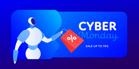 Vector flat cyber monday horizontal top banner template. Cyborg holding discount sign bag and text on fluid blue background. Sale shopping concept. Design element for poster, web, card, backdrop.