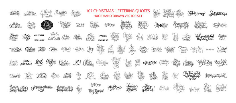 Christmas Hand Drawn Ink Lettering Vector Greeting Quotes. Merry Christmas and Happy New Year Big Textured Calligraphy Set. Xmas Typography Collection.