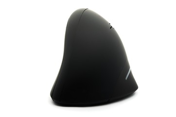 Ergonomic black mouse back view on white background