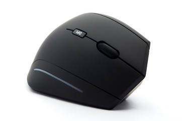 Ergonomic black mouse three quarters view on white background