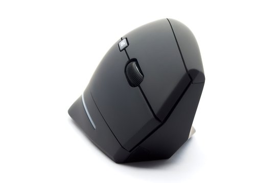 Ergonomic black mouse front view on white background