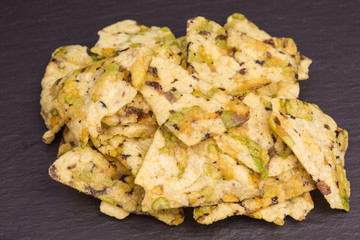 healthy snack of crisps with chickpea, green and yellow peas and black beans