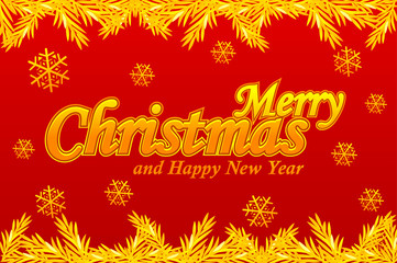Merry Christmas, greeting card. Golden logo, snow and Christmas tree on red background