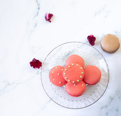 Closeup french sweet macaroons rose on wooden table