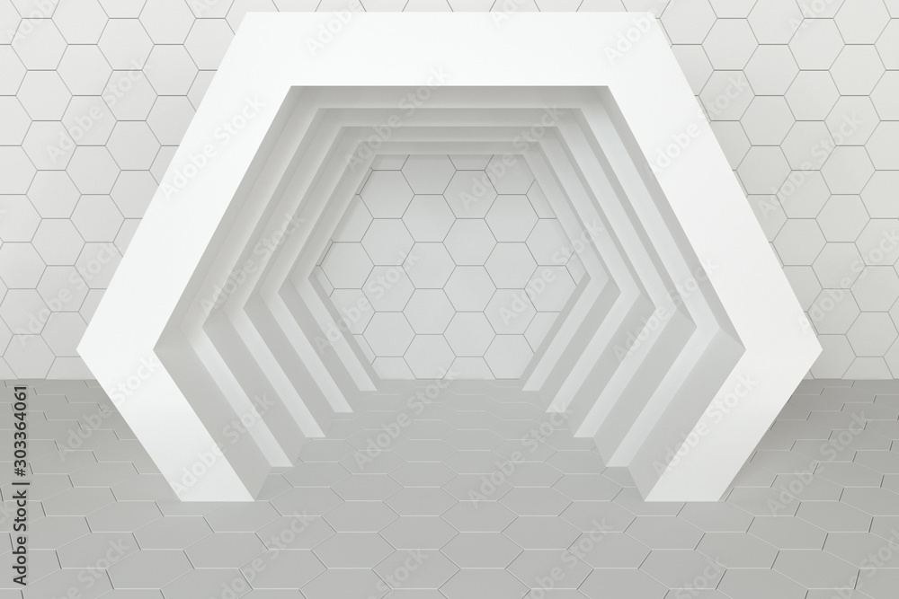 Poster hexagonal tunnel space with hexagon cubes, 3d rendering.