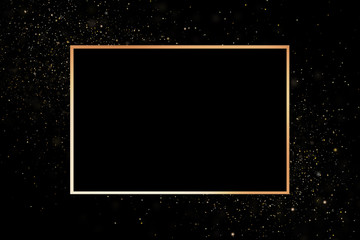 Gold frame on a black background with glitter. A place for copyspace. Blank for design.