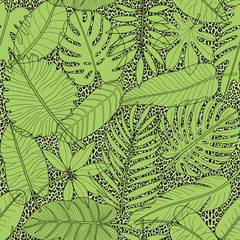 Feuilles de plantes tropicales modèle sans couture vert sur fond de léopard