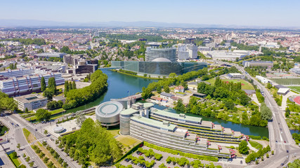 Strasbourg, France. The complex of buildings is the European Parliament, the European Court of Human Rights, the Palace of Europe, Aerial View - obrazy, fototapety, plakaty