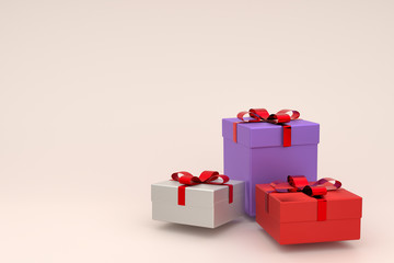 3d rendering of realistic white, red and violet gift box with ribbon bow . Empty space for party, promotion social media banners, posters. Present boxes in pastel colors