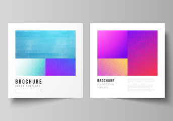 The minimal vector illustration of editable layout of two square format covers design templates for brochure, flyer, magazine. Abstract geometric pattern with colorful gradient business background.