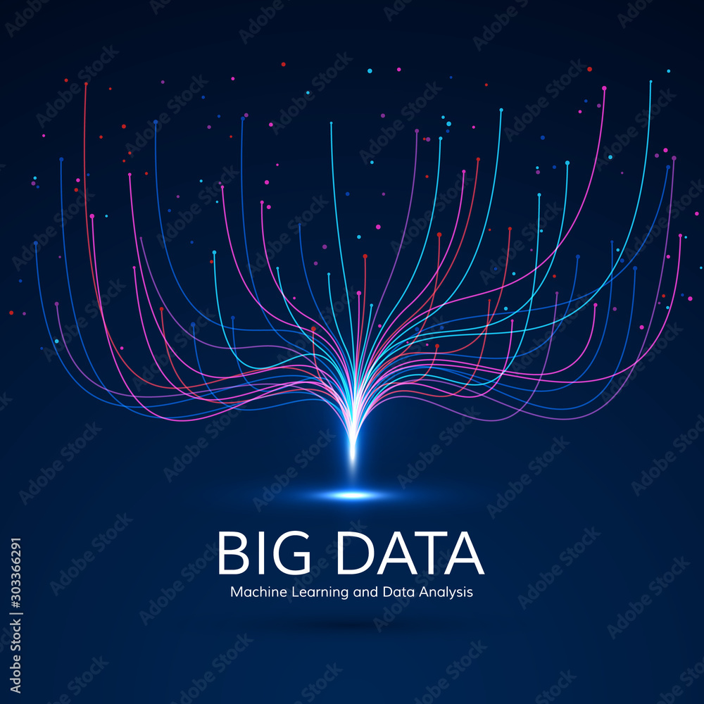 Poster Abstract Big Data Visual Concept. Digital Technology Visualization. Machine Learning and Data Analysis. Dot and Connection Lines Data Flow and Processing Information. Vector