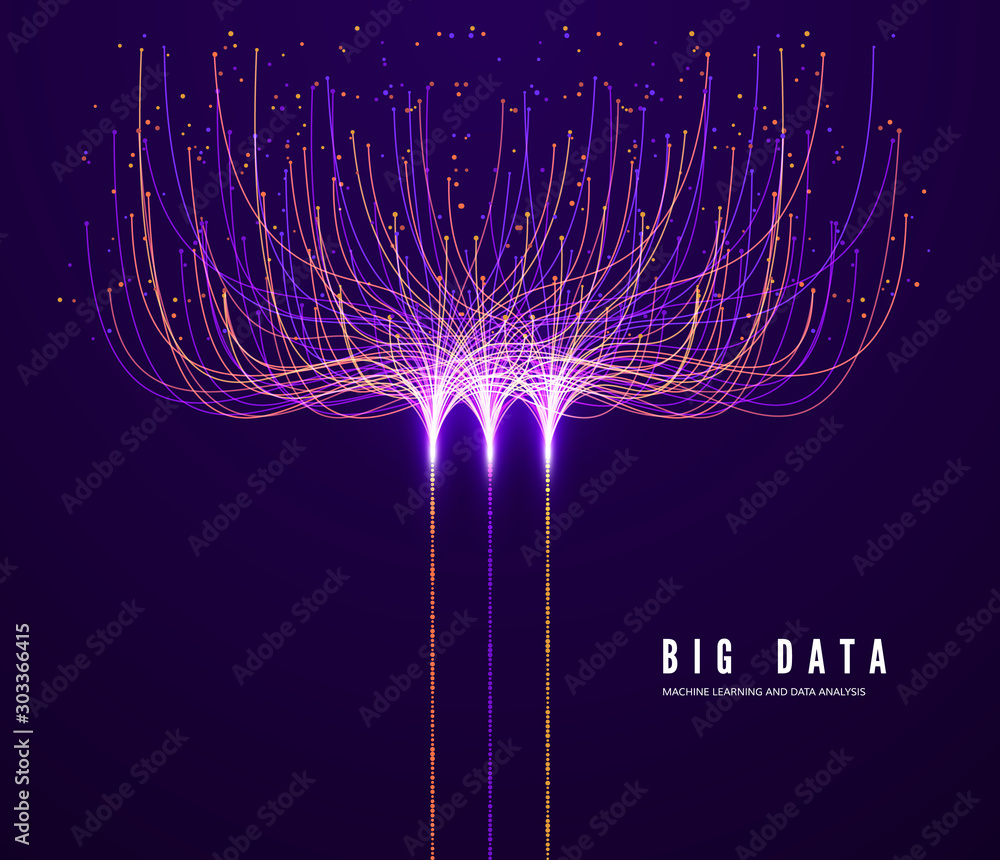Poster Big Data Concept. Machine Learning and Data Analysis. Digital Technology Visualization. Dot and Connection Lines Data Flow and Processing Information. Vector