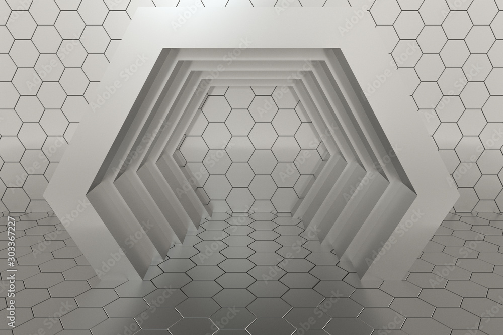 Poster hexagonal tunnel space with hexagon cubes, 3d rendering.
