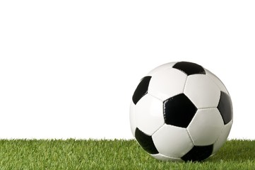 Single soccer ball on green grass lawn background over white background