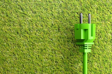 Green power cord with plug on grass background - eco or green power consumption concept, 3D illustration