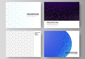 Vector layout of the presentation slides design business templates. Digital technology and big data concept with hexagons, connecting dots and lines, polygonal science medical background.
