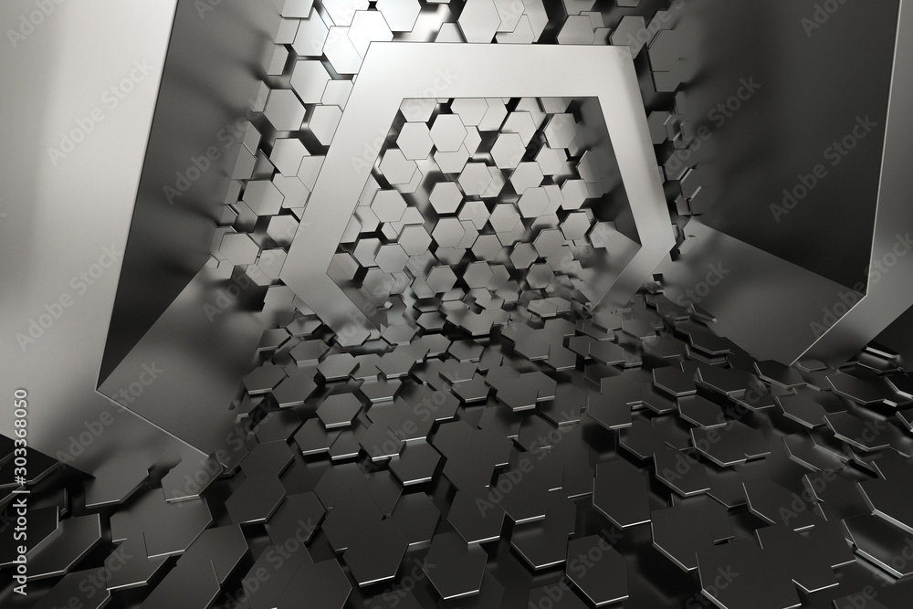 Poster hexagonal tunnel space with hexagon cubes, 3d rendering.