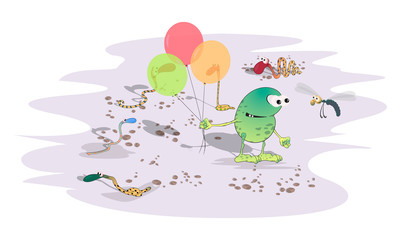A green strange toad with balloons in the desert among snakes meets a dragonfly. Sketch in cartoon caricature style.
